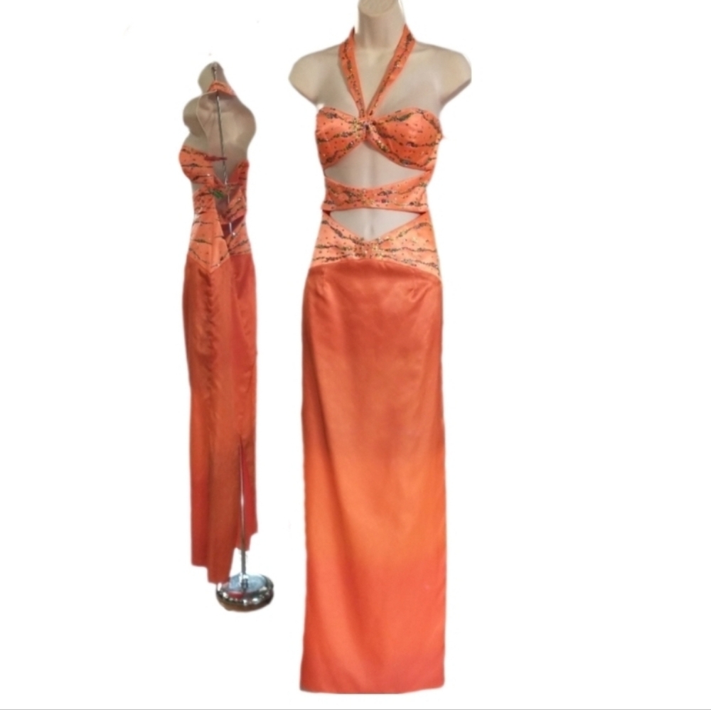 Excite Dress Y2K Rare Vintage Cut Out Sequined Halter Neck Orange Size 8 - Picture 16 of 17